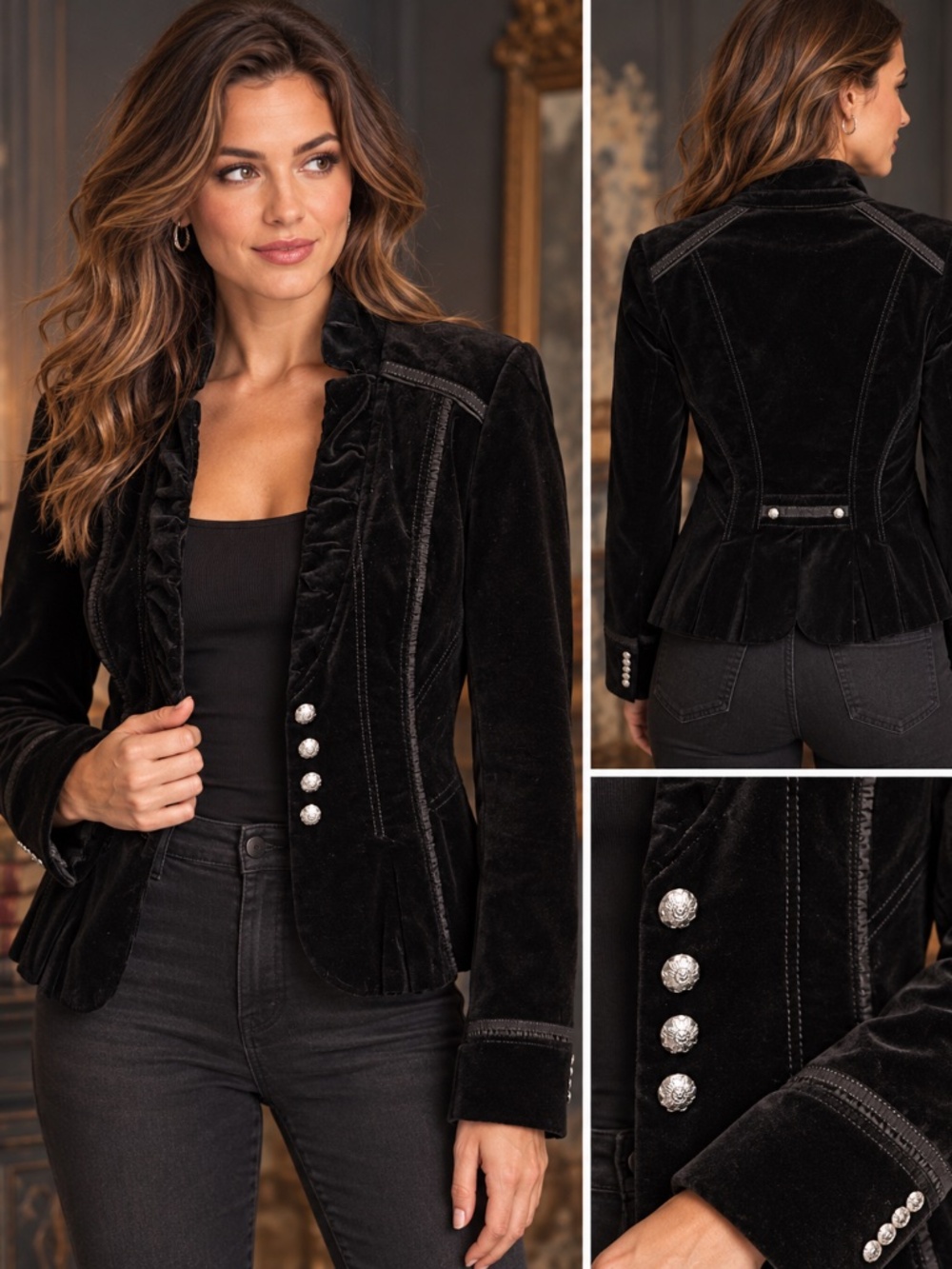 WHBM 8 Black Velvet Blazer Military Gothic Victorian Ruffle Silver Button Jacket